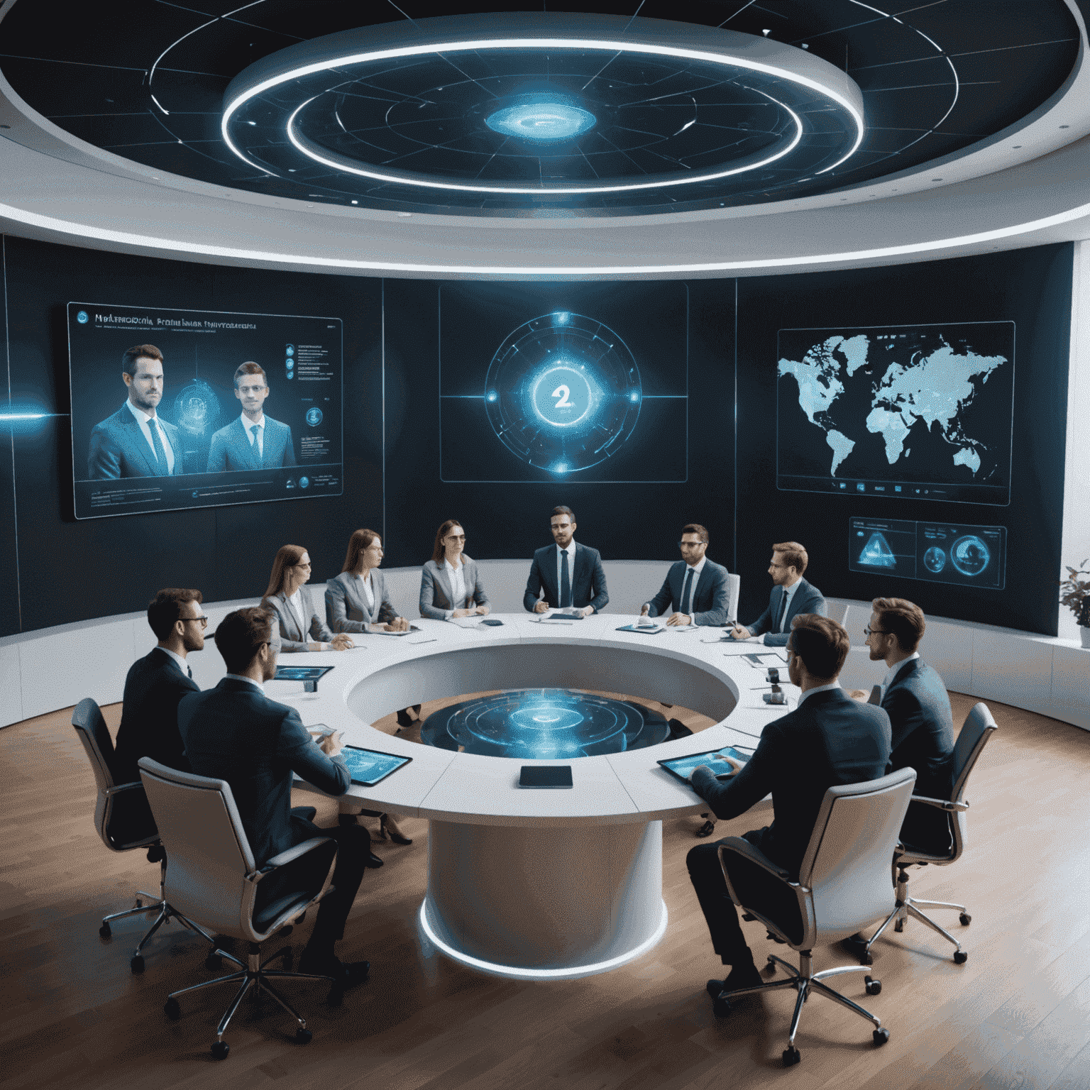 Imagen futurista de una conferencia virtual con participantes holográficos y una interfaz de usuario 3D