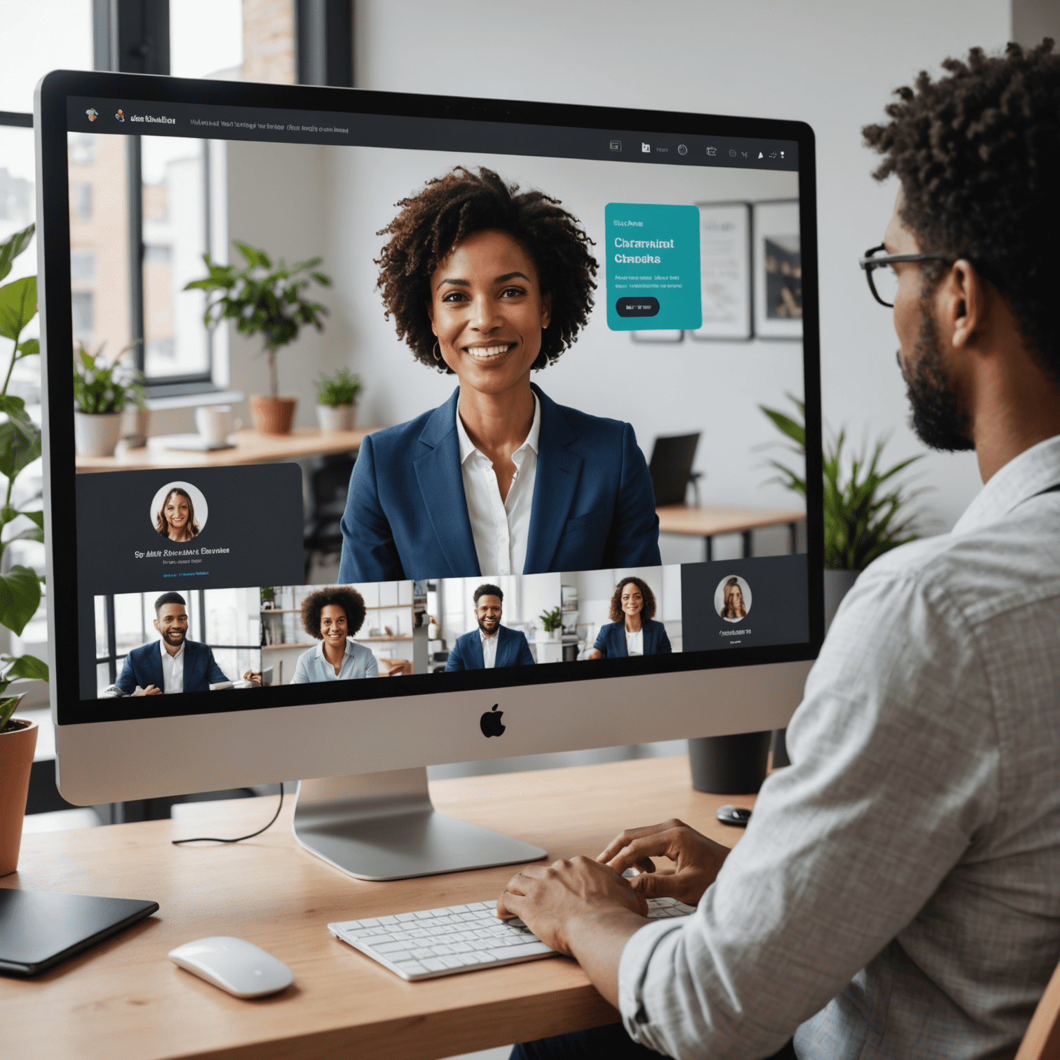Imagen que muestra a un presentador carismático dirigiendo un webinar con una audiencia virtual comprometida, gráficos interactivos y una interfaz de plataforma de eventos en línea
