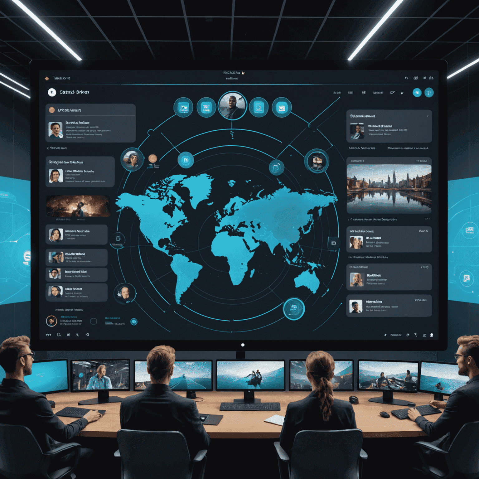 Imagen de una interfaz de usuario futurista para una plataforma de eventos virtuales, mostrando múltiples transmisiones en vivo simultáneas y un chat interactivo