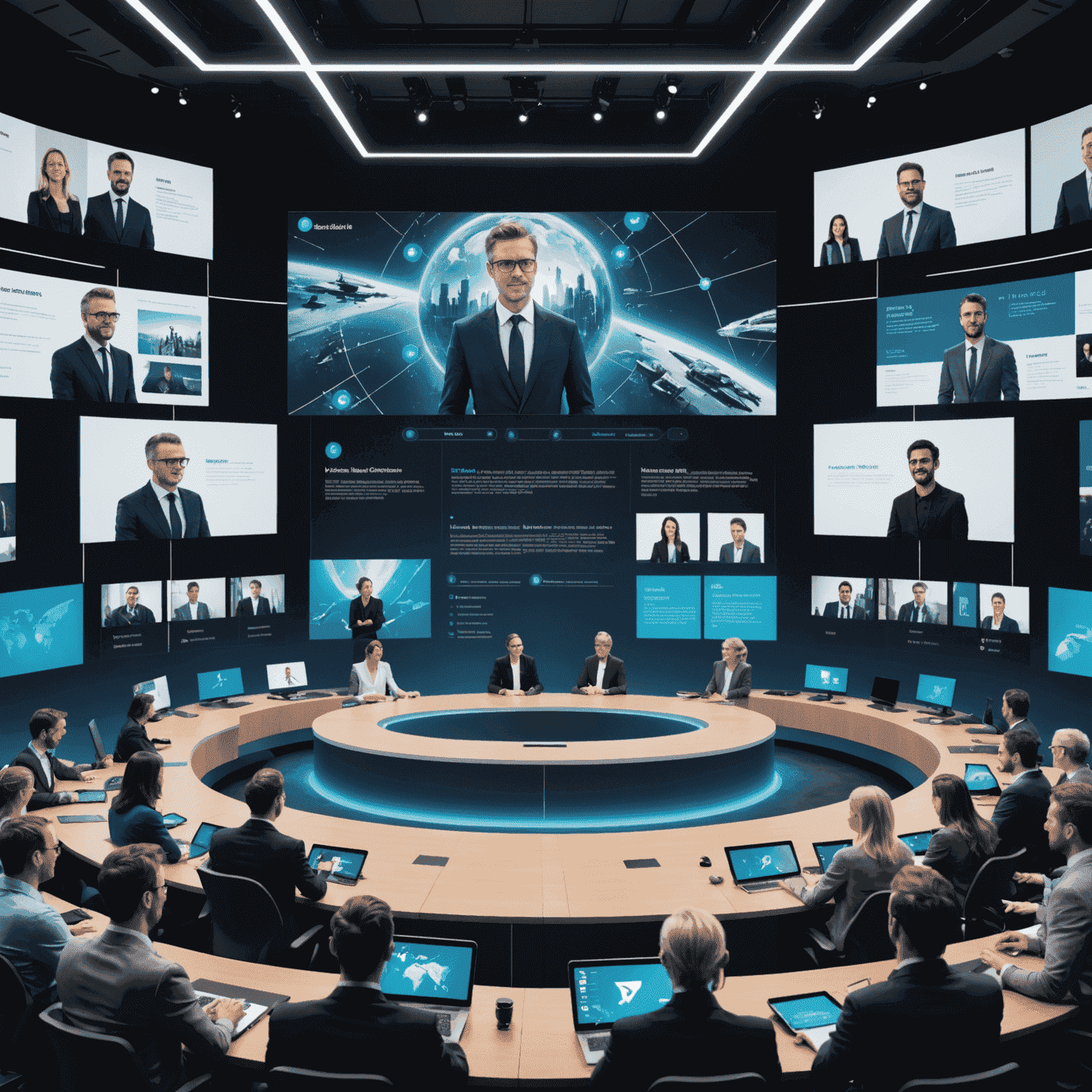 Imagen de una plataforma de conferencias virtuales con múltiples pantallas mostrando presentadores y participantes en una interfaz futurista