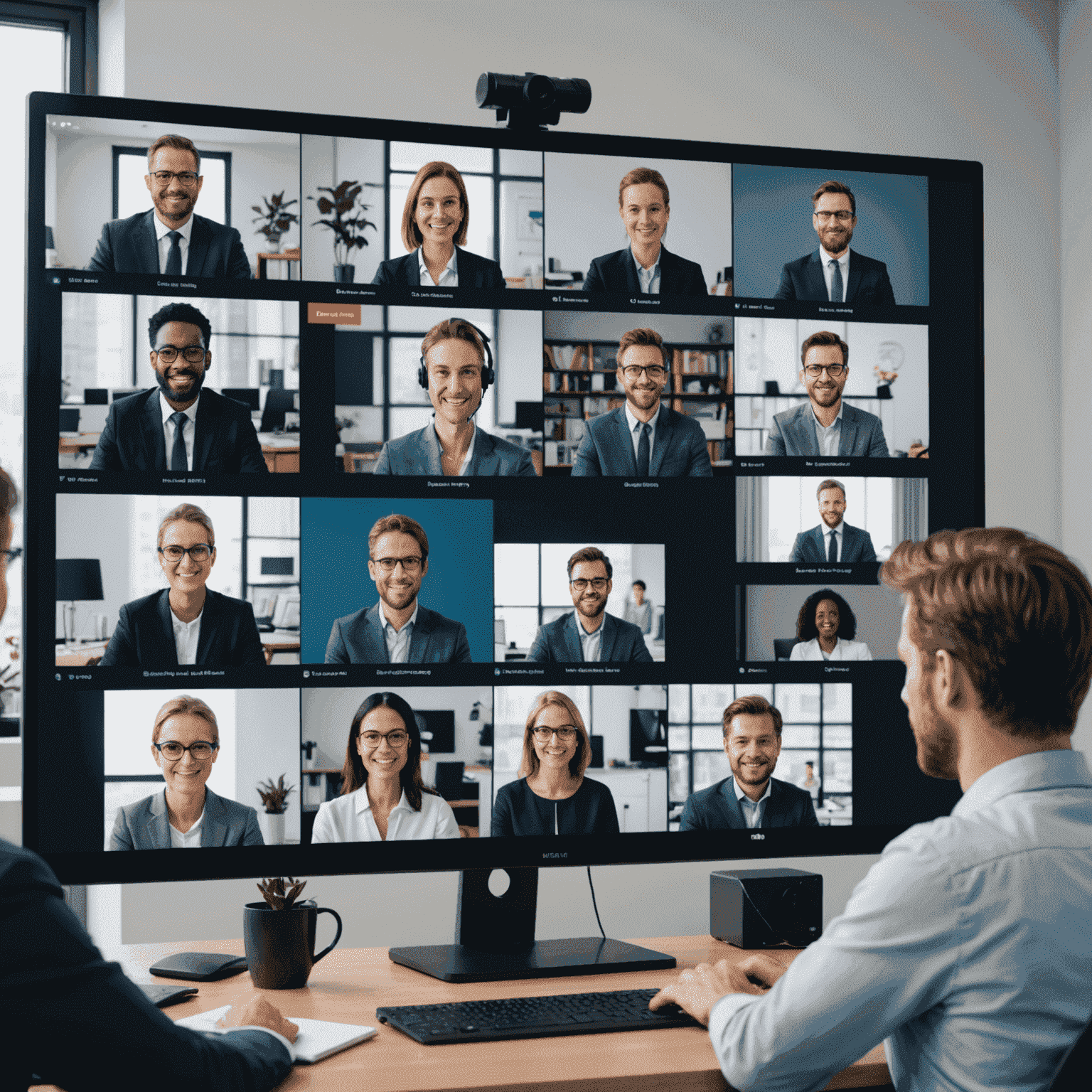 Imagen de una pantalla grande mostrando una conferencia virtual con múltiples participantes en video llamada, representando la capacidad de transmisión de eventos en vivo a gran escala