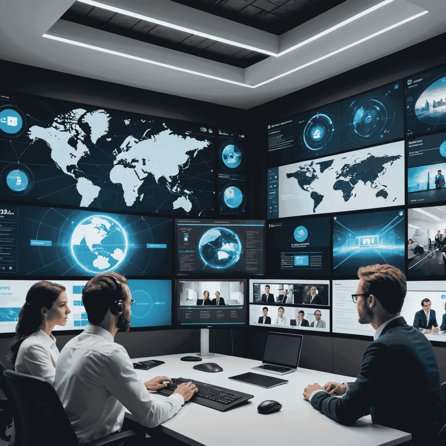 Imagen que muestra una pantalla de computadora con múltiples ventanas de video, representando una conferencia virtual con participantes de todo el mundo. Gráficos futuristas y elementos de interfaz de usuario flotan alrededor de la pantalla.