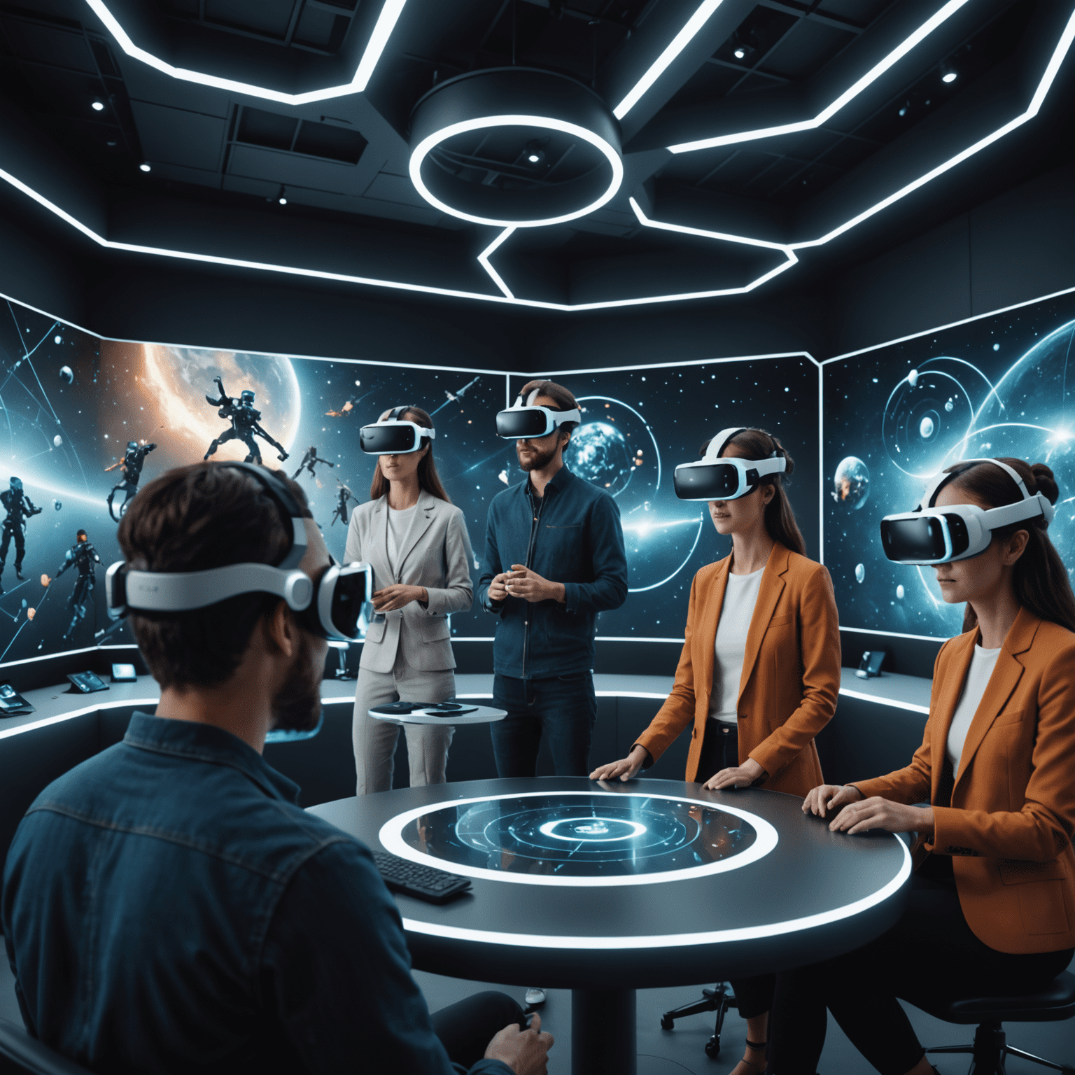 Visualización futurista de un evento virtual con participantes interactuando en un espacio 3D, usando avatares personalizados y tecnología de realidad virtual