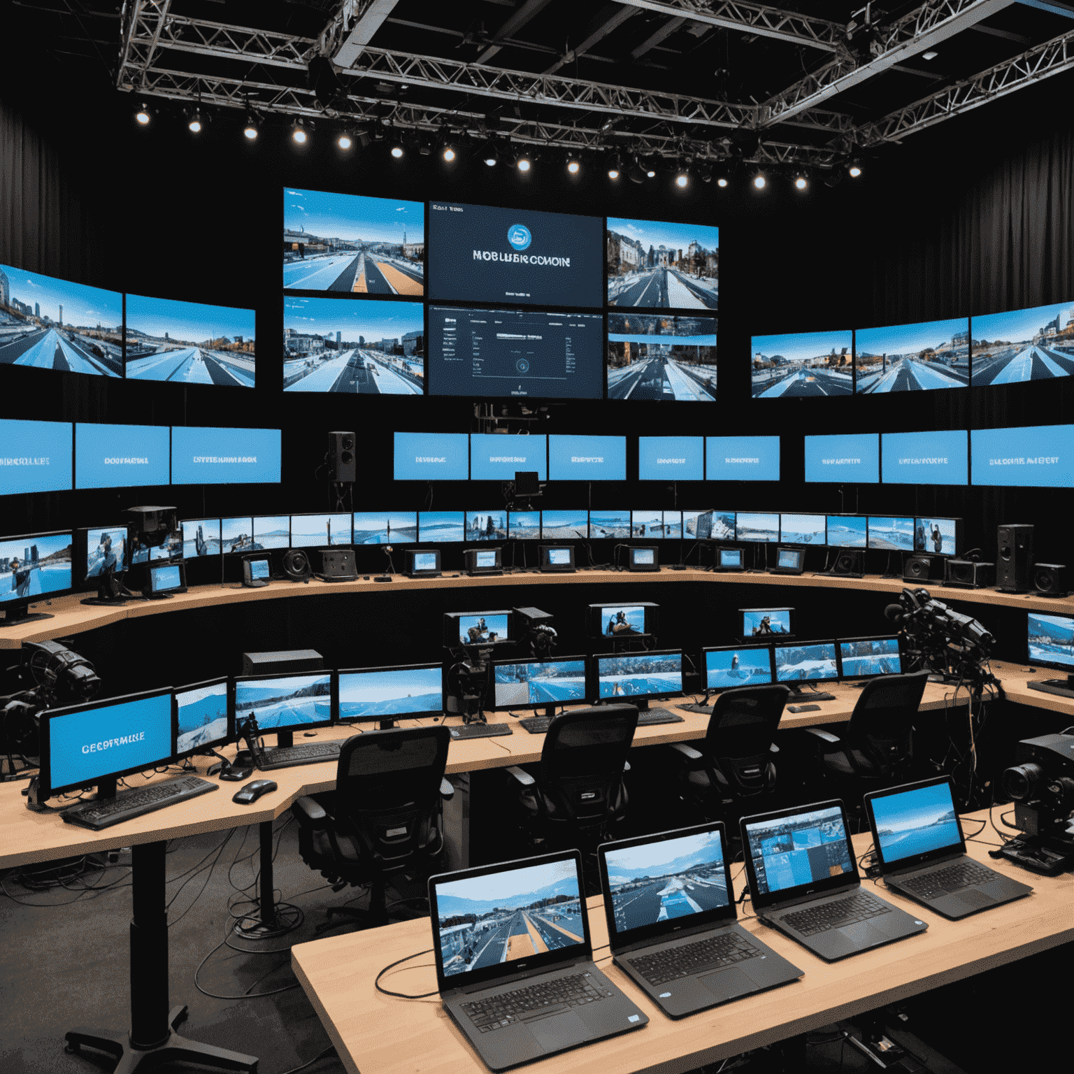 Imagen de una configuración de streaming de eventos en vivo con múltiples cámaras, mezcladores de video y una pantalla grande mostrando la transmisión global