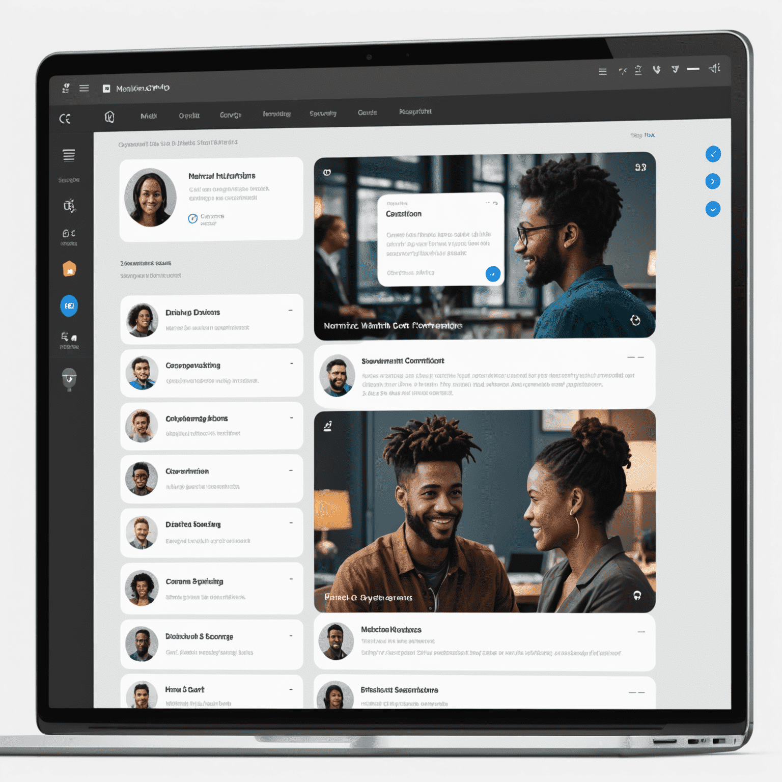 Interfaz de networking mostrando salas de chat temáticas y opciones de conexión entre participantes