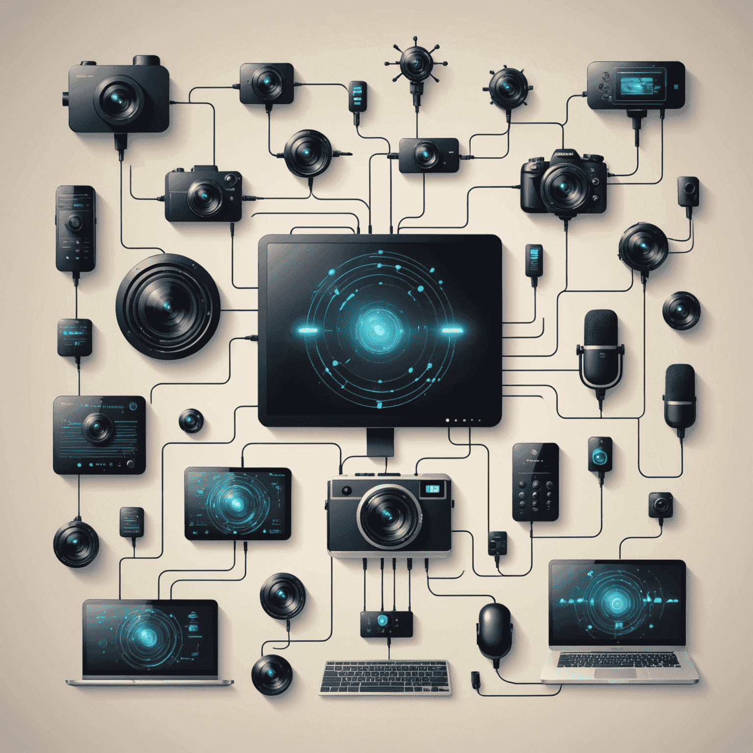 Imagen que muestra una representación futurista de flujos de datos, con iconos de cámaras, micrófonos y dispositivos conectados, simbolizando las últimas tecnologías de streaming en acción.