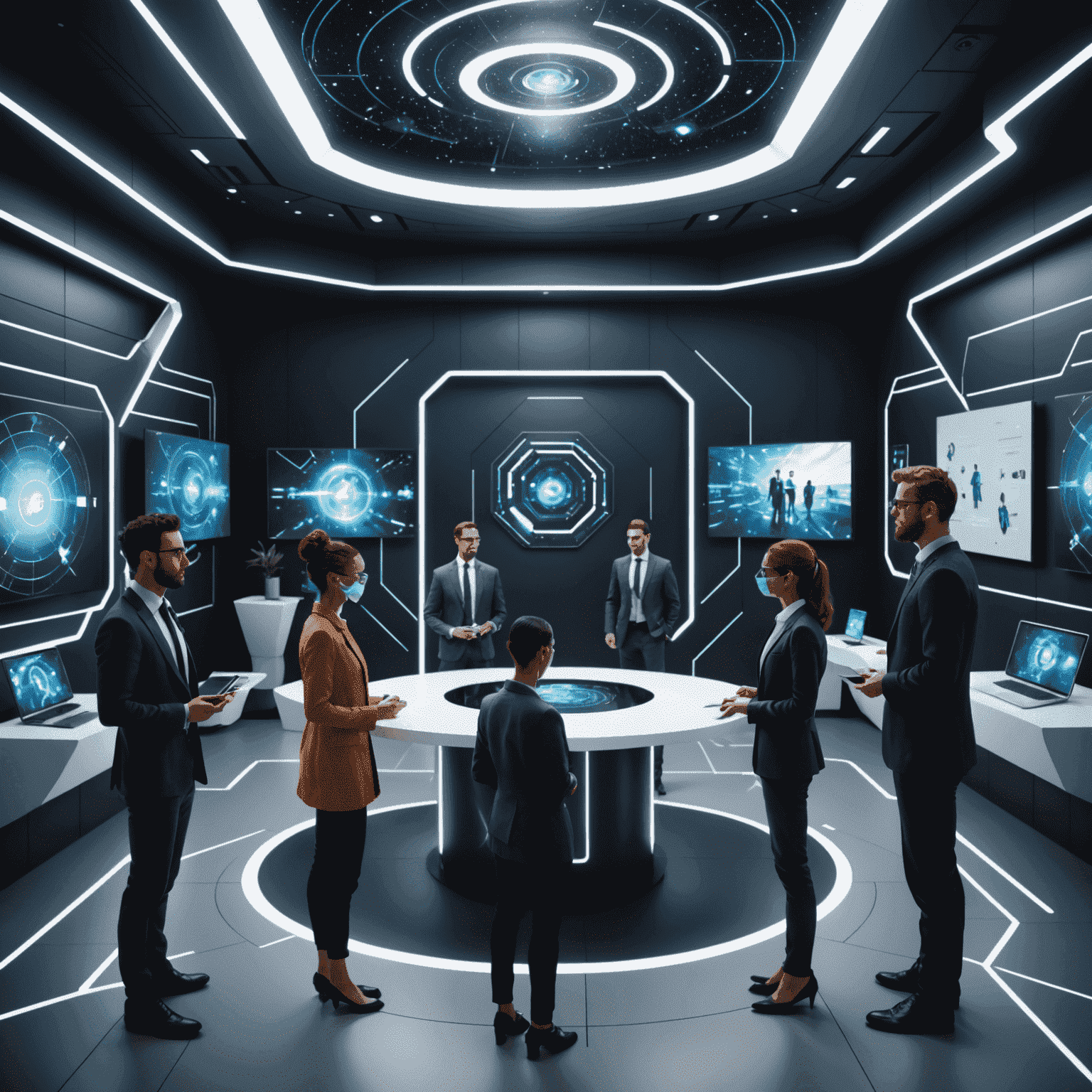 Imagen de una sala de networking virtual con avatares de participantes interactuando en un espacio 3D futurista